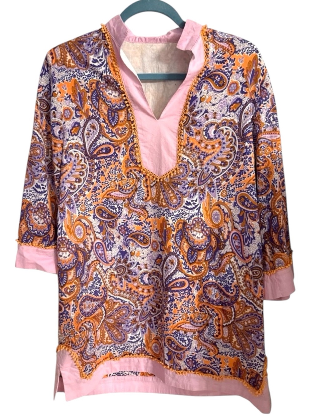 Jade Melody Tam Paisley Tunic Top Pom Pom Trim Pink Boho Size Medium NWOT